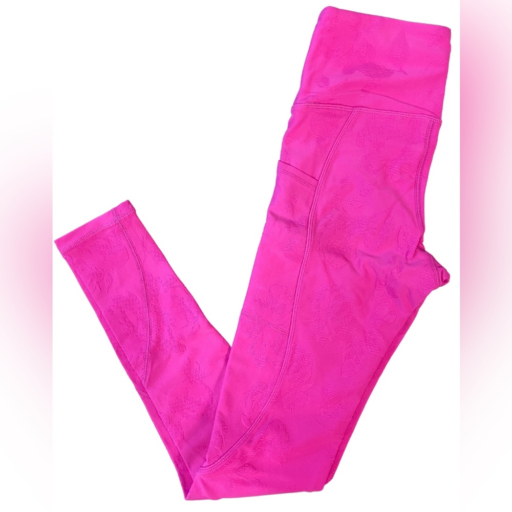 Mono B Neon Hot Pink Textured High Rise Leggings + Side Pockets Workout Tights